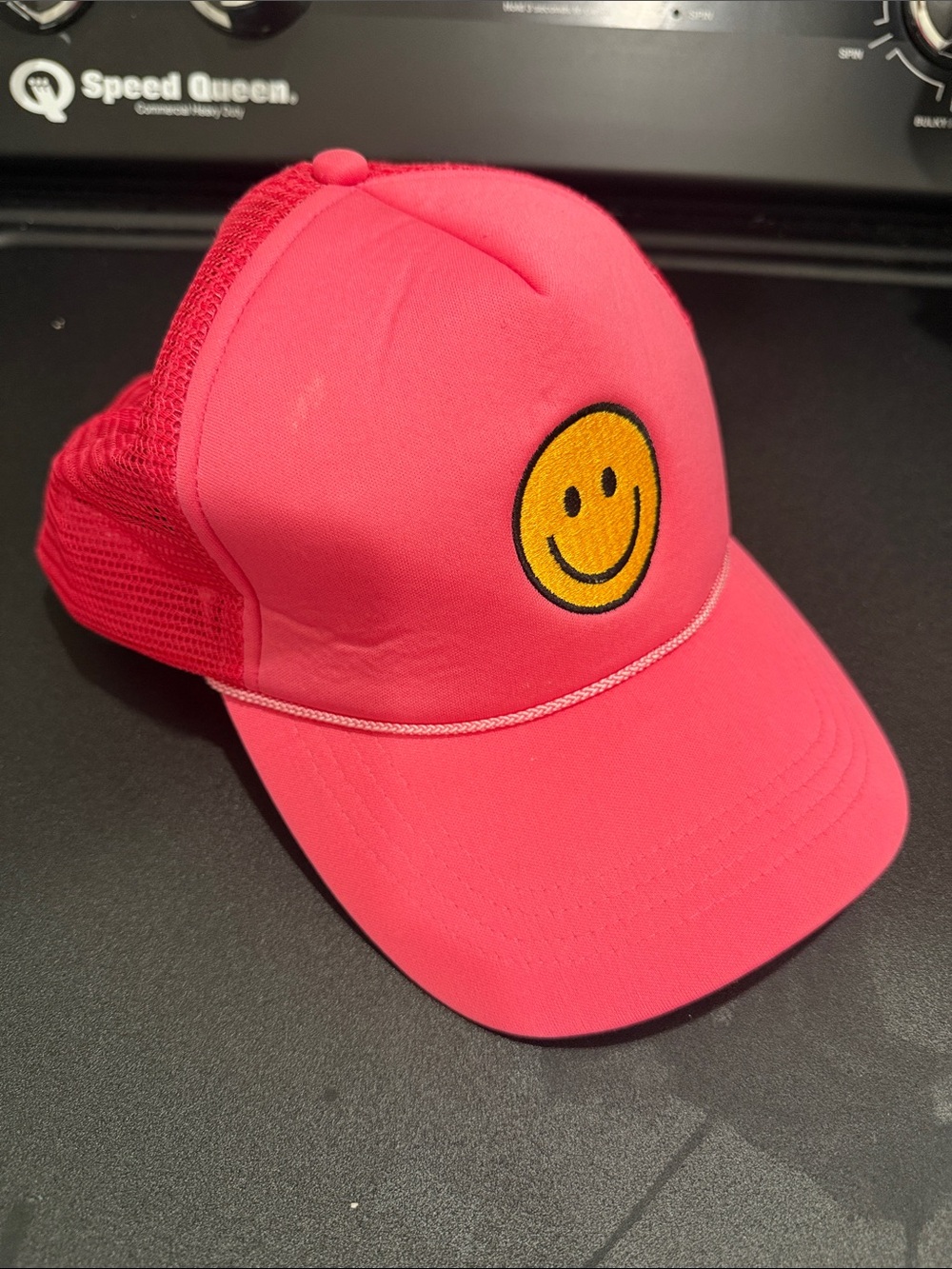 Pink Trucker Hat with Smiley Patch